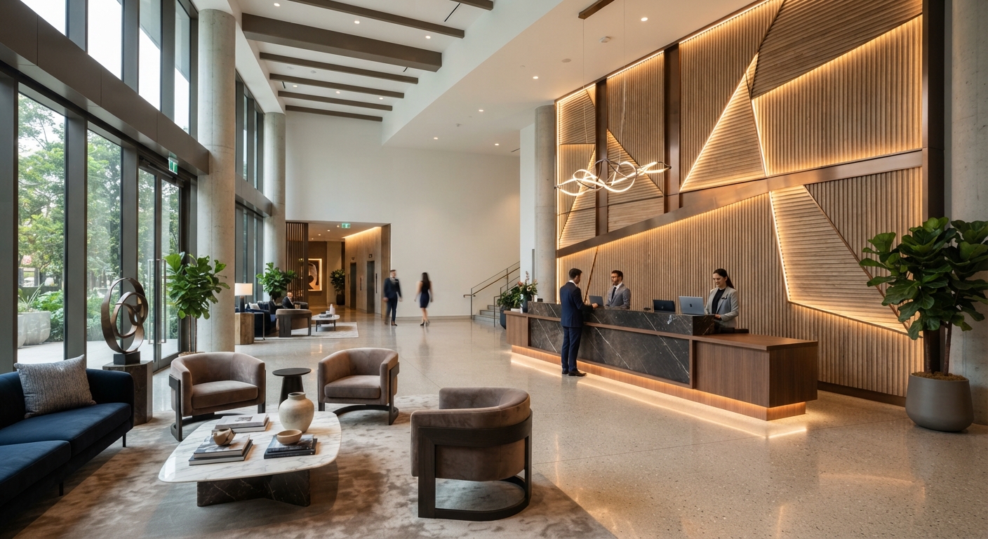 Contemporary hotel lobby featuring modern design trends, vertical wood slat accent walls, and custom commercial reception furniture