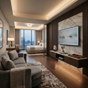Luxury Hotel Suite TV Unit | Custom Marble Media Wall & Floating Cabinet in Modern Contemporary Style