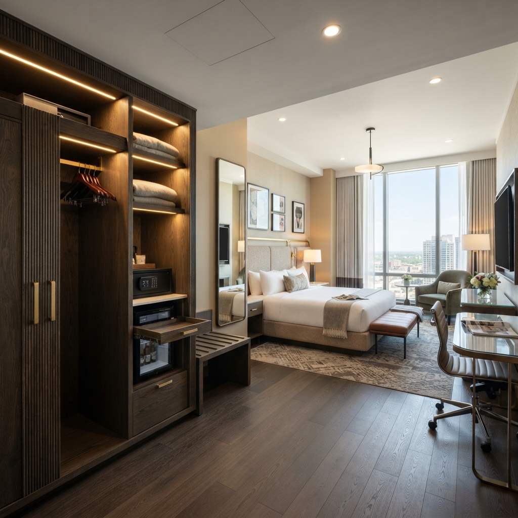 Luxury hotel wardrobe with built-in minibar cabinet, safe, and open shelving in a contemporary guestroom