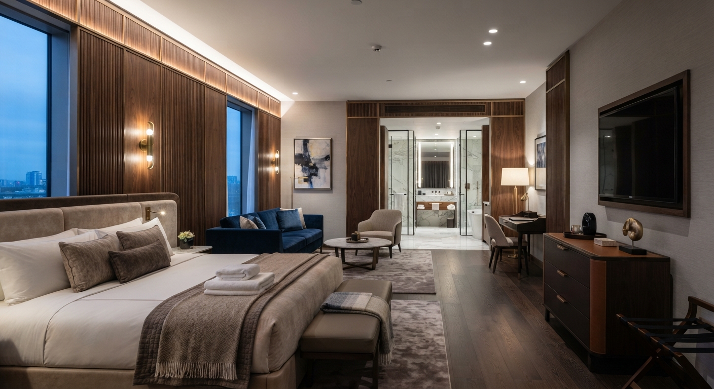 Premium luxury hotel wood paneling featuring acoustic dark wood slats, metal trim, and integrated headboard lighting