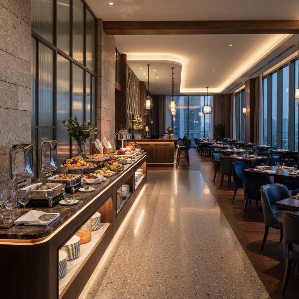 Long hotel buffet counter with stainless steel chafing dishes against a textured stone wall, lit by warm cove lighting.