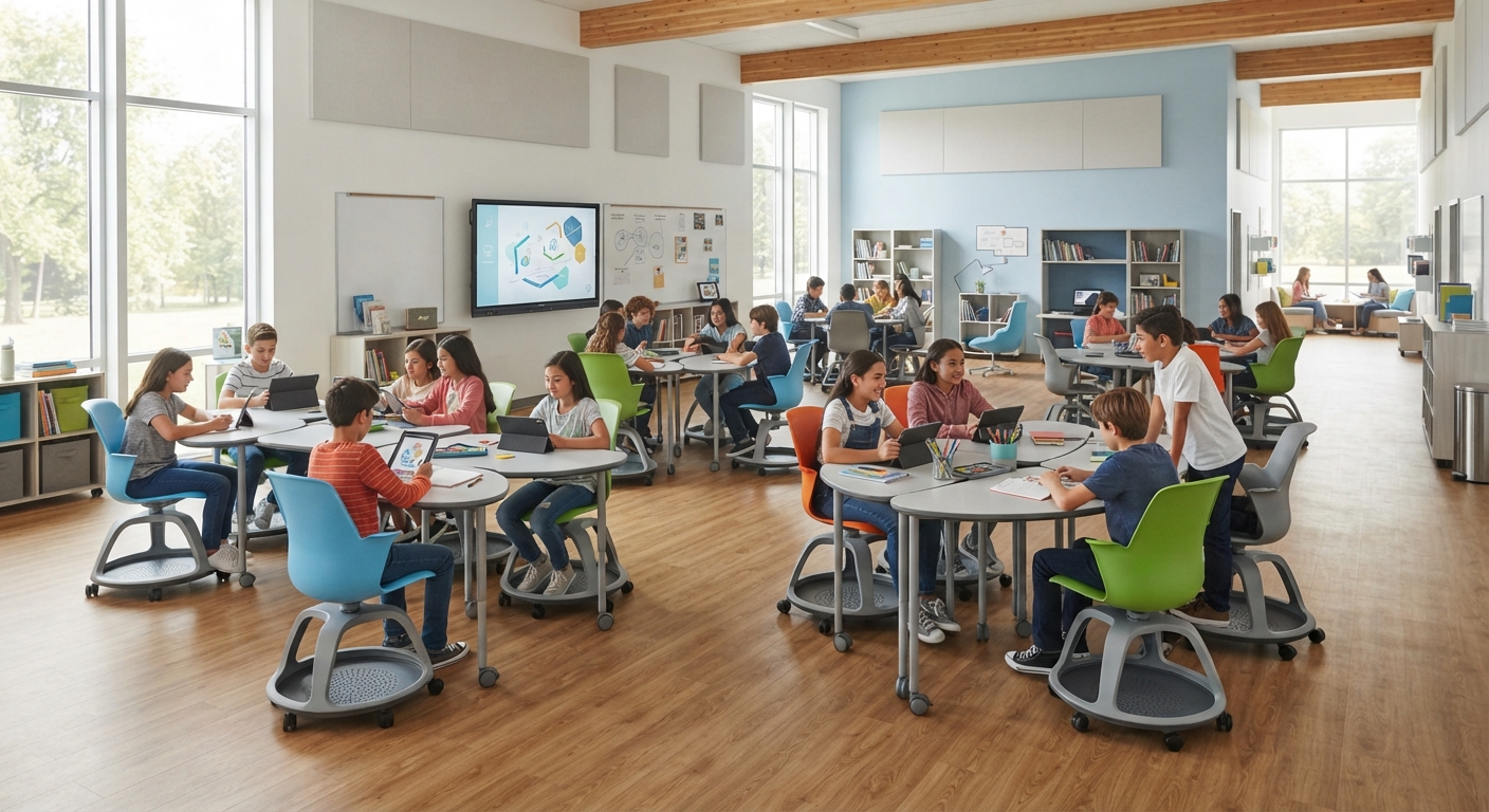 Active learning environment featuring flexible seating and mobile desks in a classroom