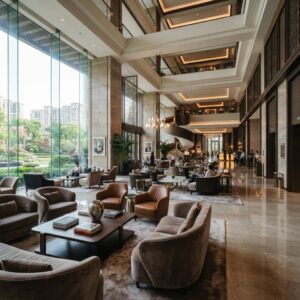 Modern wooden center tables with multi-tier storage designed for luxury hotel lobbies and executive clubs