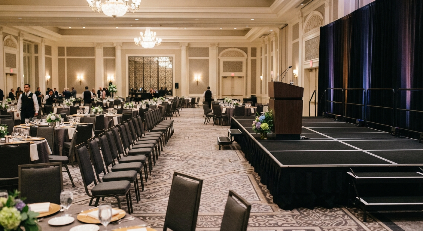 Hotel banquet hall with theater-style seating facing a modular portable stage with black skirting and a simple dark wood podium
