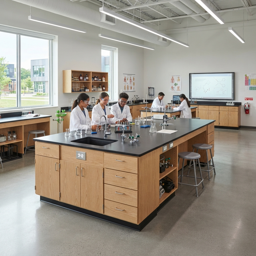Bright School Chemistry Lab Featuring Heavy-Duty Island Lab Tables with Integrated Sinks and Oak Cabinets