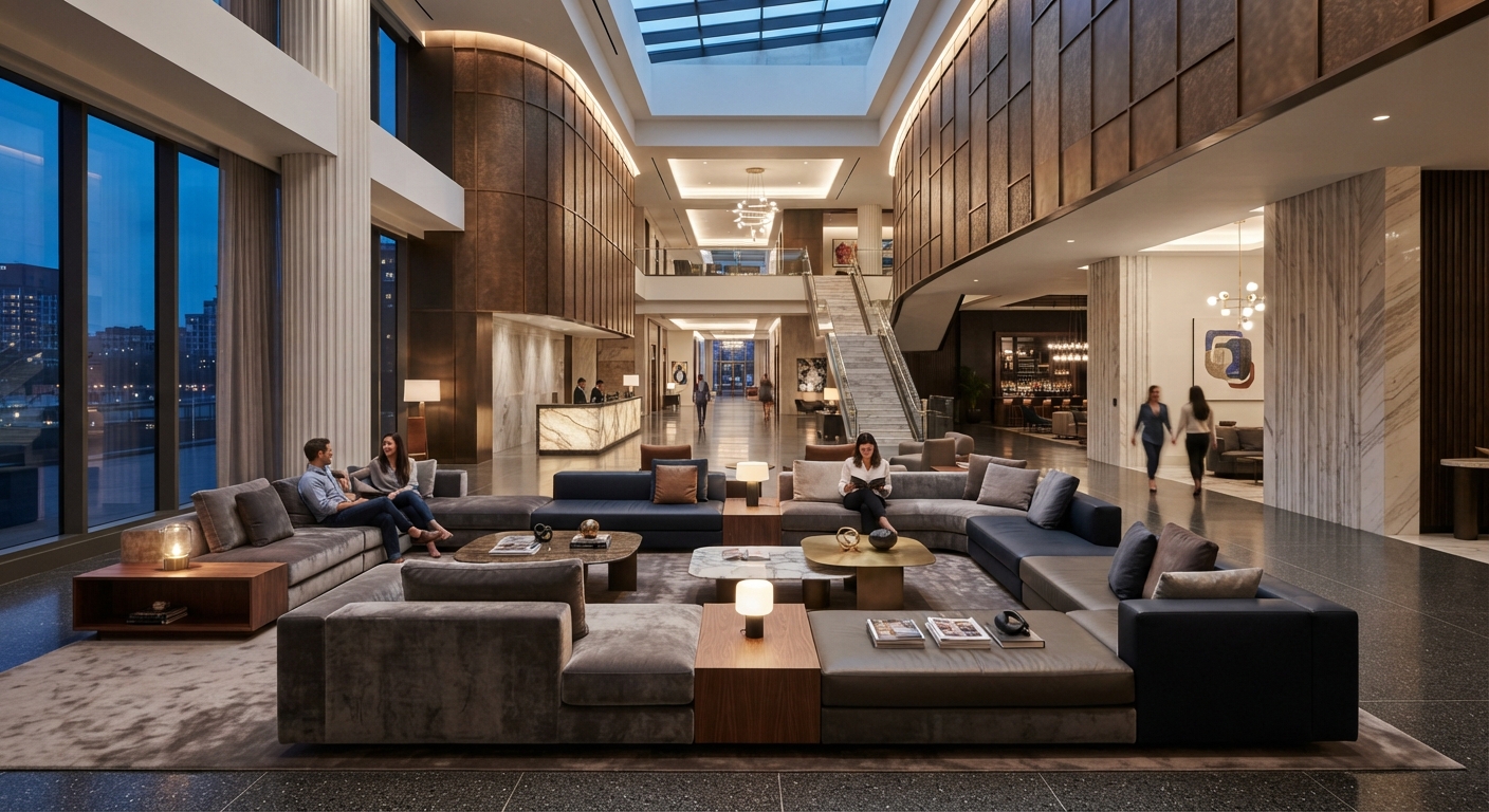 Modular sofas and commercial sectional seating layout designed for upscale hotel reception and lounge areas