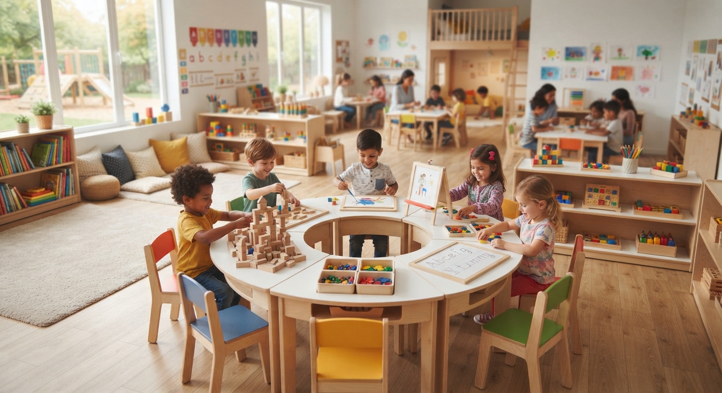 Children playing around a multifunctional activity center and wooden play table in a bright daycare center