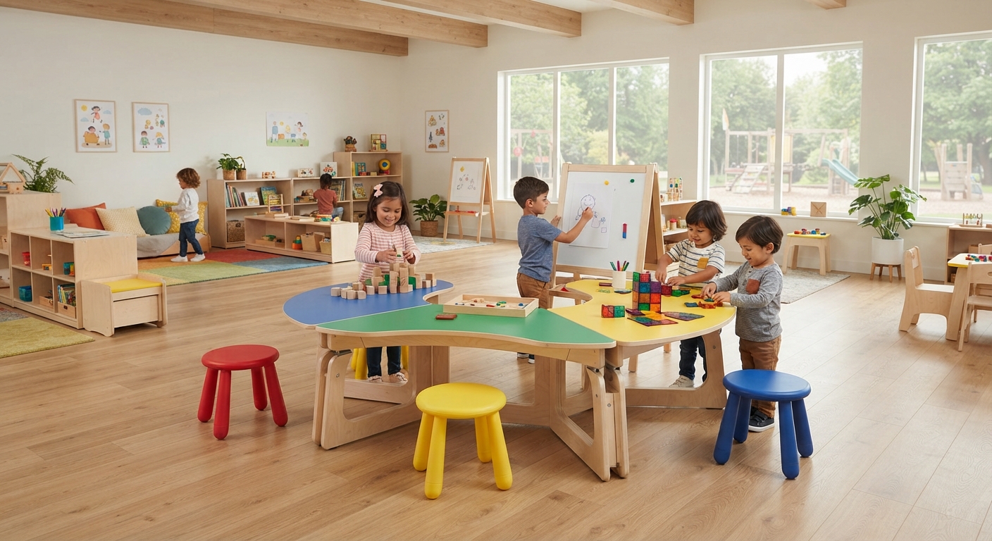 Modular preschool classroom furniture including ergonomic kids tables and chairs for group learning
