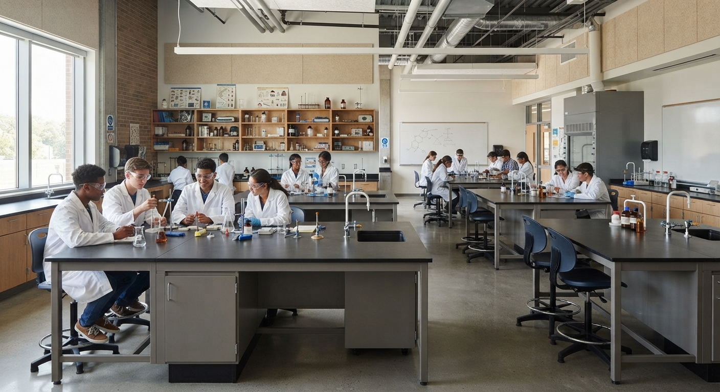 Modern high school science lab featuring students working at durable, chemical resistant science lab tables with integrated sinks