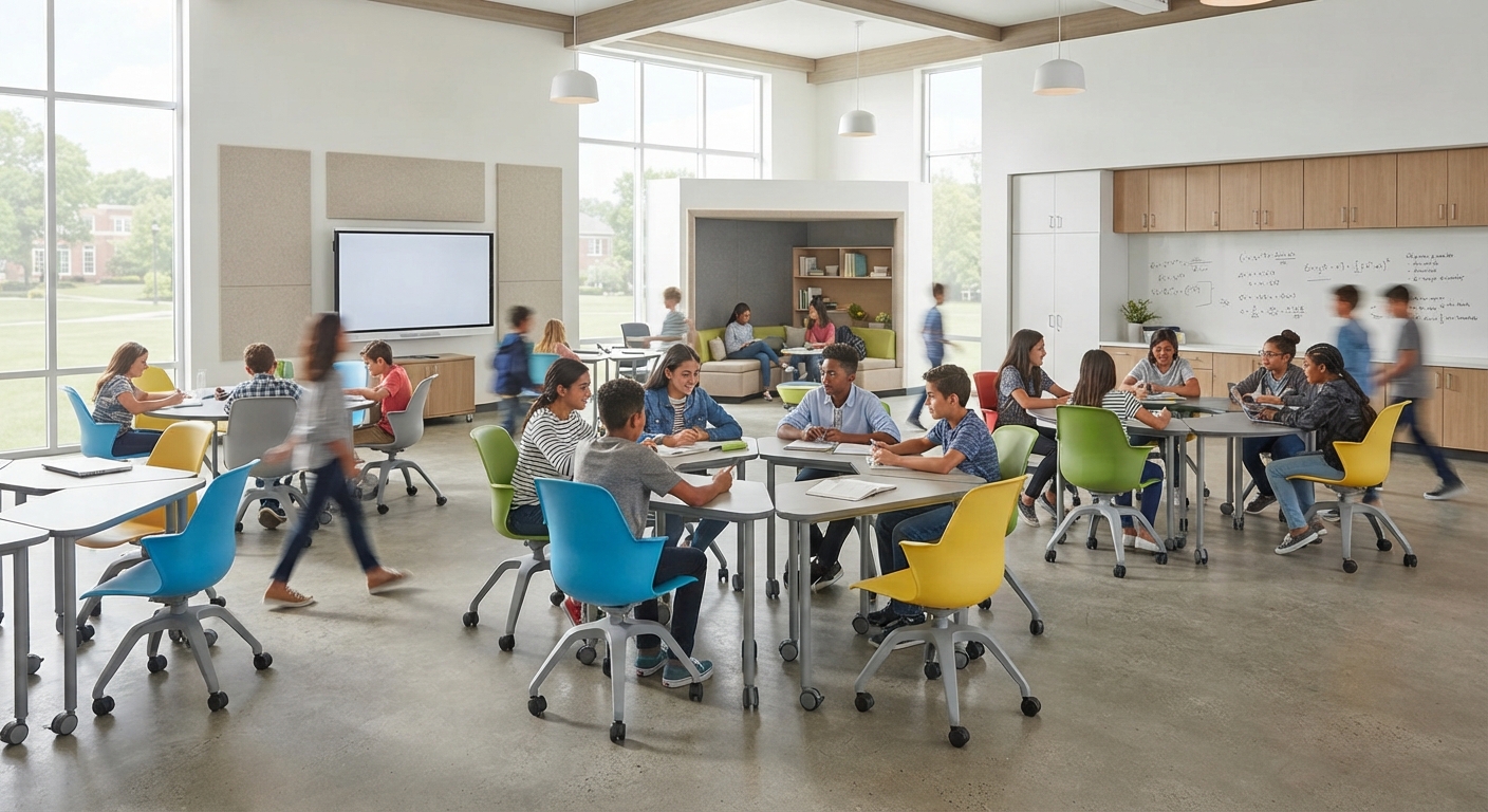 Flexible Classroom Design Featuring Mobile Caster Chairs and Interactive Smartboard