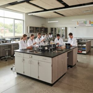 Close-Up View of Modern Science Island Bench with Sink and Faucet in a School Lab
