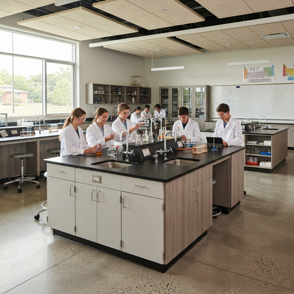 Close-Up View of Modern Science Island Bench with Sink and Faucet in a School Lab