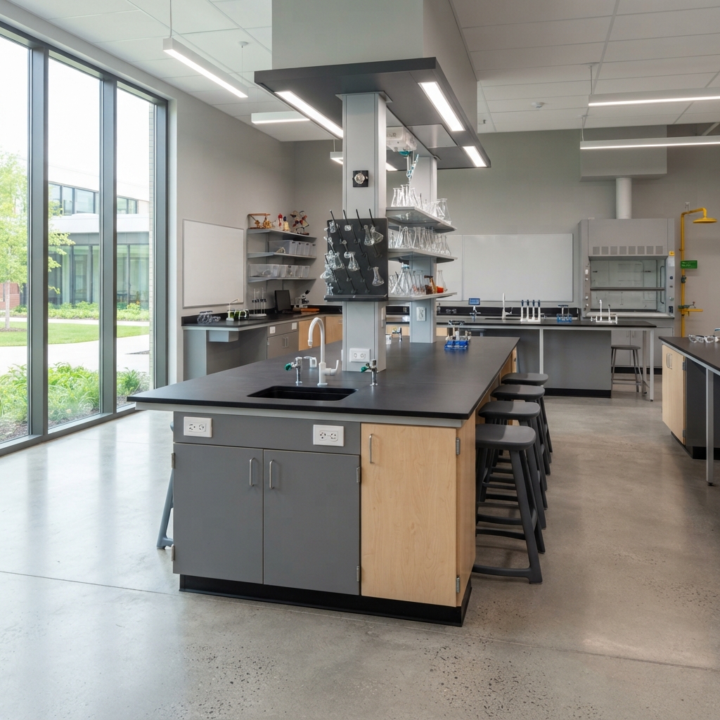 Well-Equipped STEM Classroom with Modular Science Workstation Including Sink and Upper Storage Cabinets