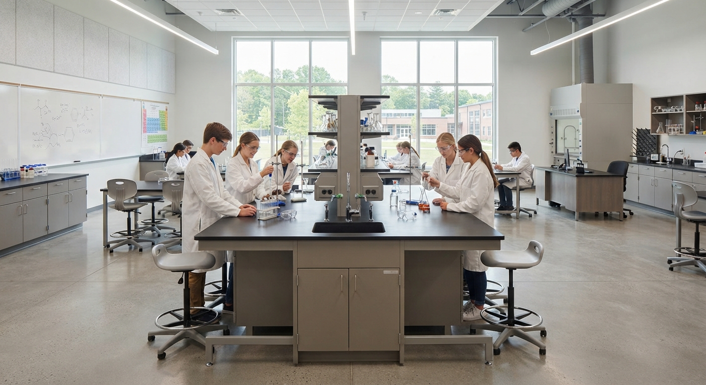 School Lab Furniture: Double-Sided Science Workstation with Sink and Power Outlets
