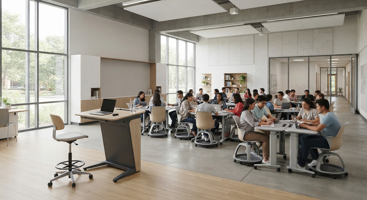 Sleek teacher podium with laptop in a modern university classroom, with students collaborating on projects at desks
