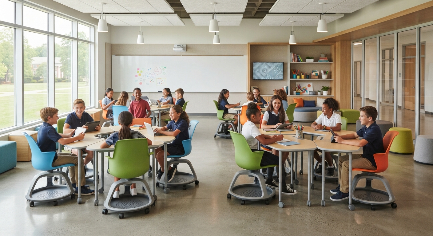 Contemporary school furniture arrangement with multi-color student chairs and desks