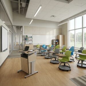 Modern mobile teacher podium with light wood finish and laptop in a bright, contemporary K-12 classroom setting