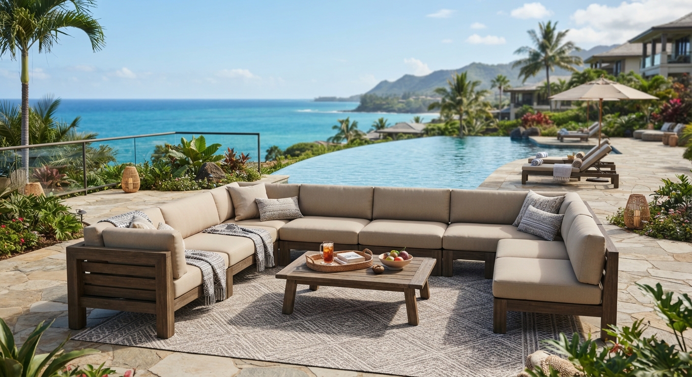 Resort patio sofas modular seating on an elevated sea-view terrace, featuring teak frames, plush cushions, and a coffee table with refreshments