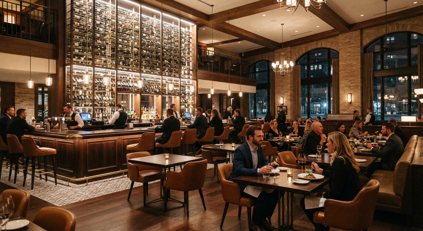 Warmly lit hotel restaurant interior with exposed brick, chandeliers, and a tall, well-stocked wine rack