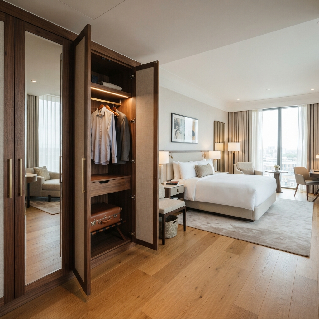 Wooden hotel wardrobe with open garment section and integrated LED lighting in a luxury guestroom suite