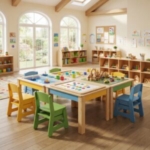 Wooden kids play table with sensory basin and building block inserts for preschool classrooms