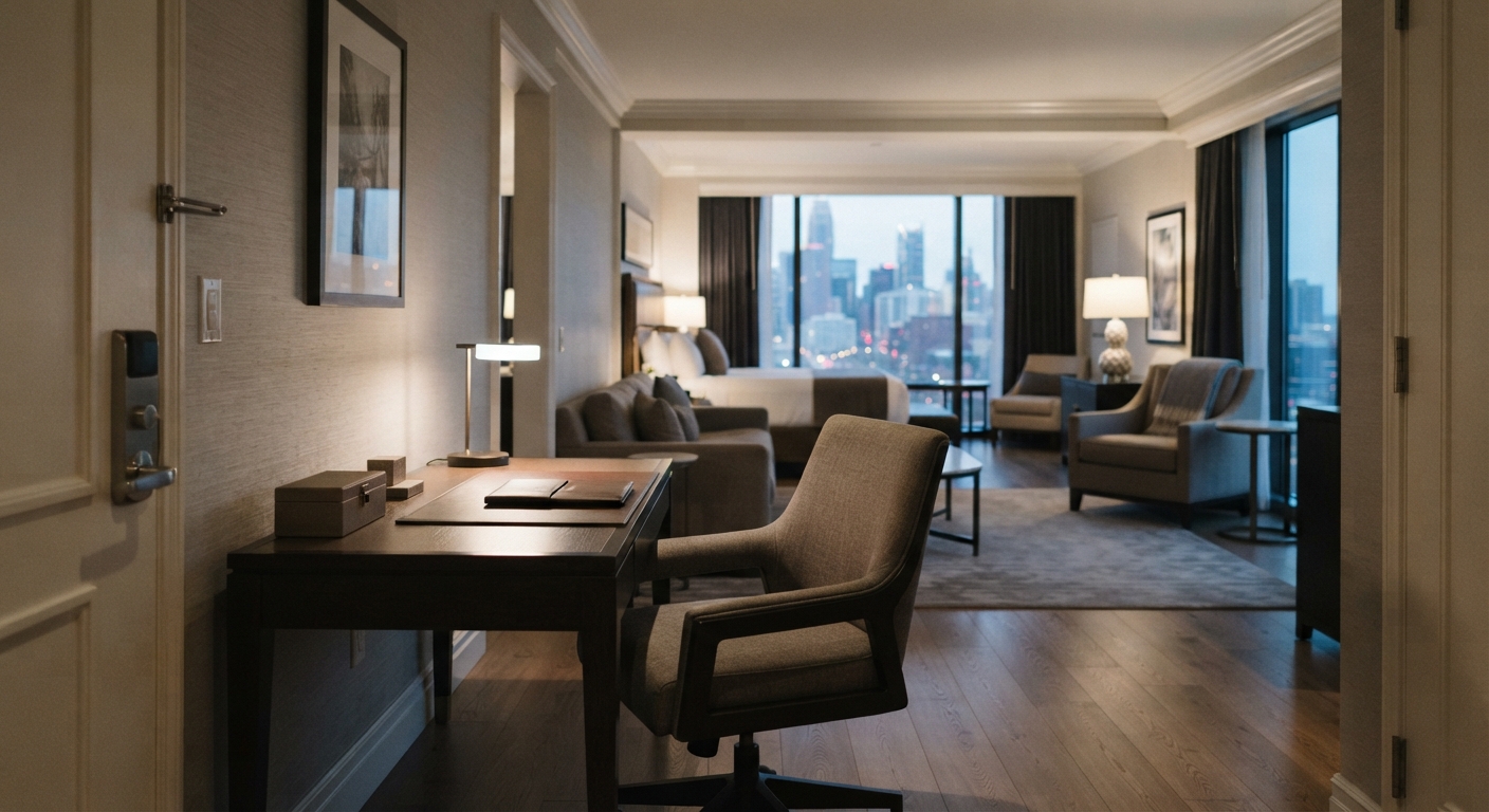 Hotel Room Writing Chair with ergonomic dark upholstery and modern dark wood desk in a luxury hotel bedroom