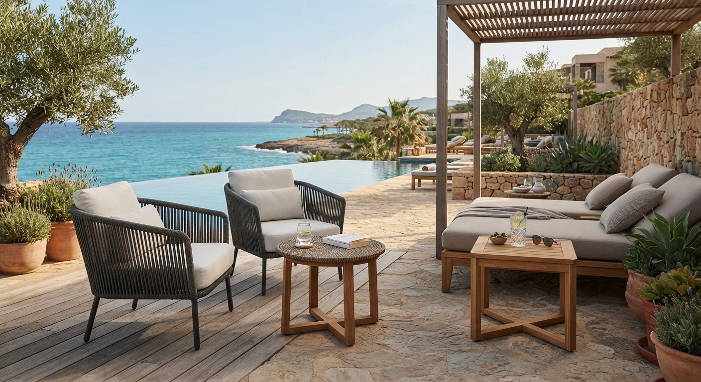 Solid wood slatted outdoor side tables placed by teak lounge bed on sea view resort terrace