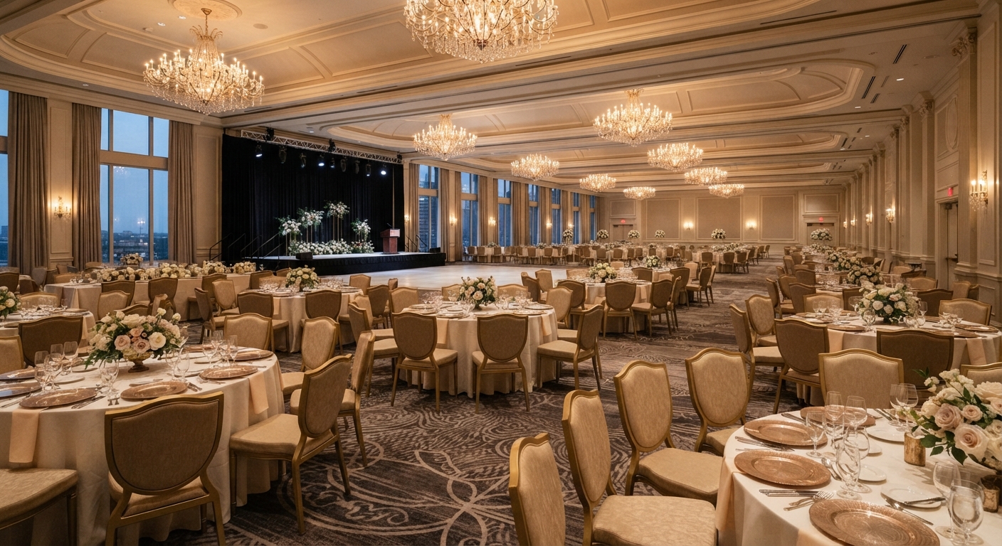 Gold round back stackable wedding chairs arranged around round banquet tables in luxury hotel wedding ballroom