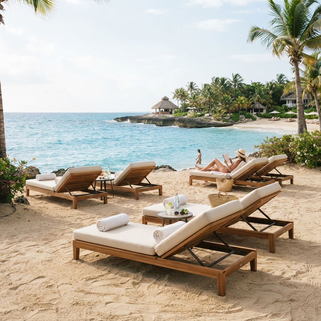 Commercial teak sunbeds with white towels on a sandy tropical beach near a resort
