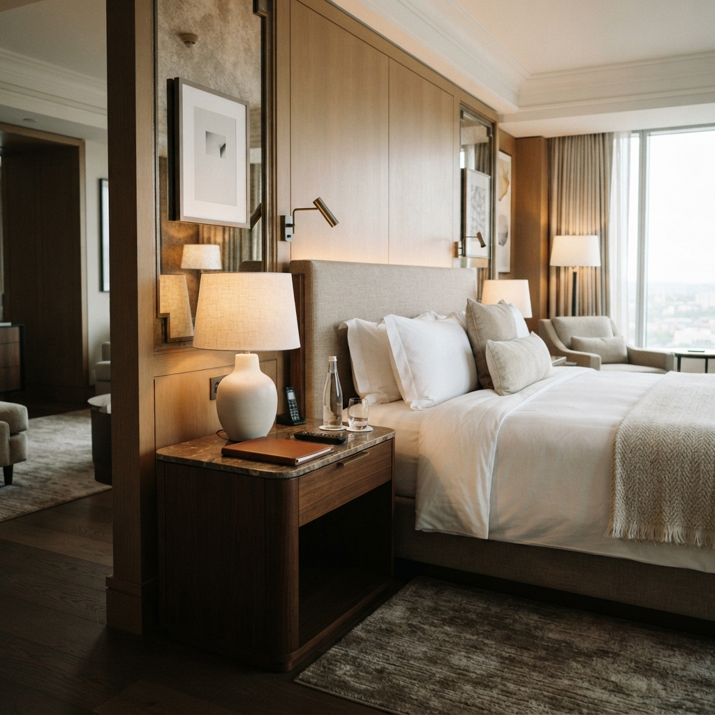 Custom hotel guestroom side table and bedside nightstand in upscale hospitality suite