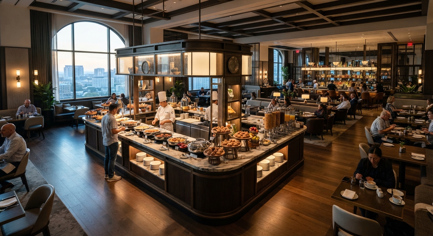 Upscale hotel restaurant buffet area with a chef preparing hot dishes at an induction counter.