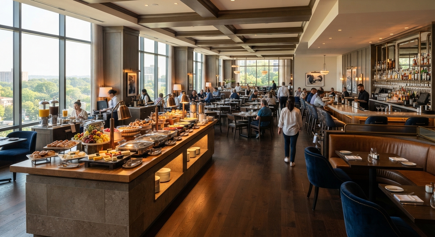 Bright hotel executive lounge with a large window view, featuring a cold and hot food buffet station on a dark wood counter.
