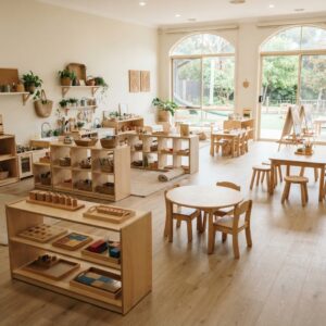 Overview of a well-organized Montessori classroom featuring open shelving with educational materials, small round wooden tables, and a cozy reading nook