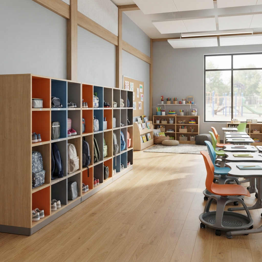 Multi-compartment classroom cubby storage units with vibrant orange and blue panels for modern student organization