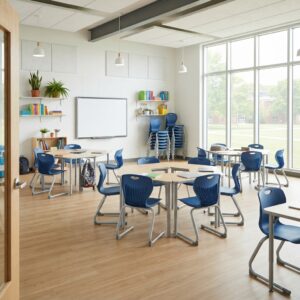 A vibrant, modern classroom with numerous blue cantilever stackable chairs arranged around various table groups and a tall stack of chairs against the wall