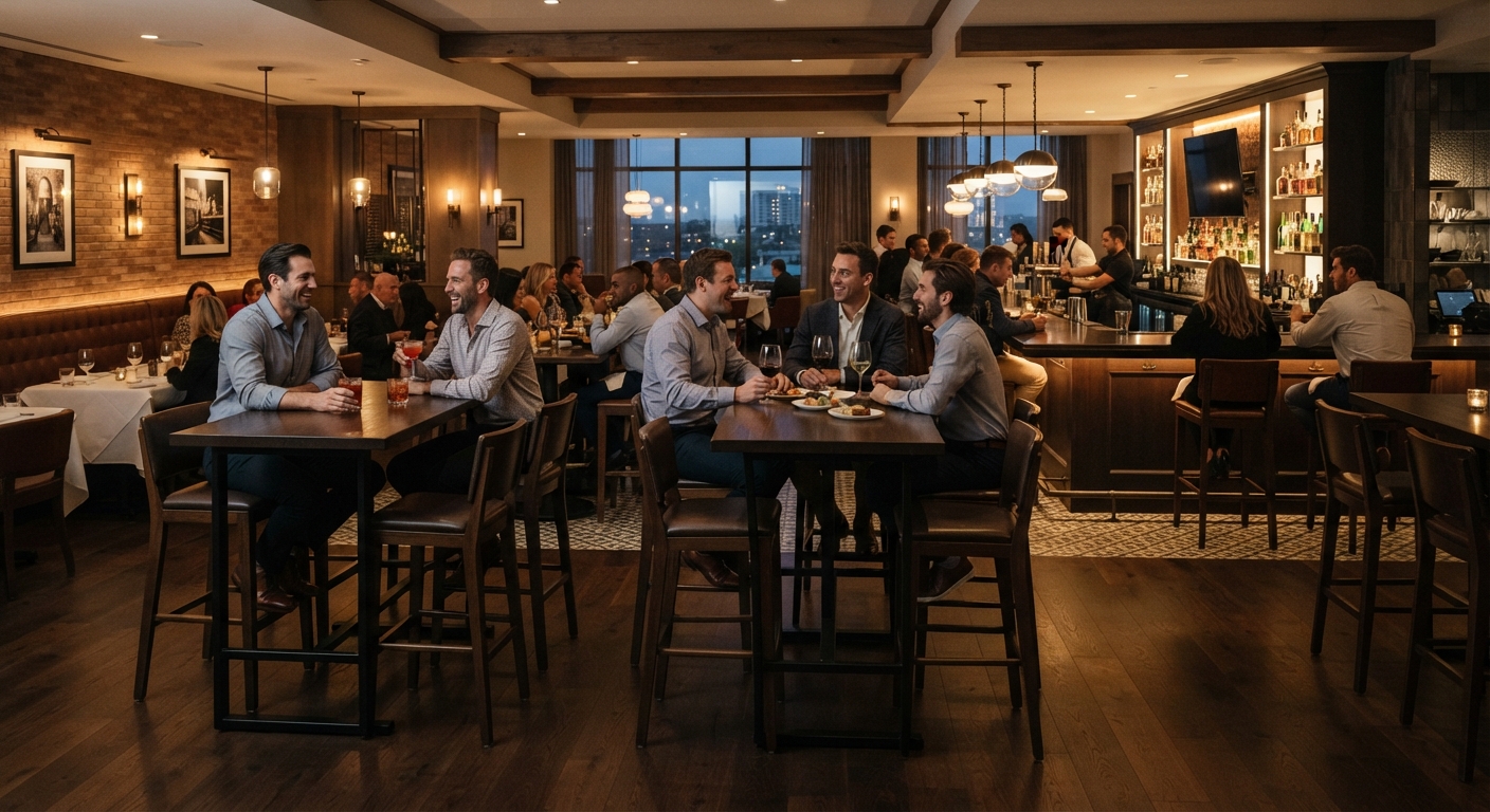 close-up view of commercial bar height tables with dark wood surface and steel base supporting guest drinks
