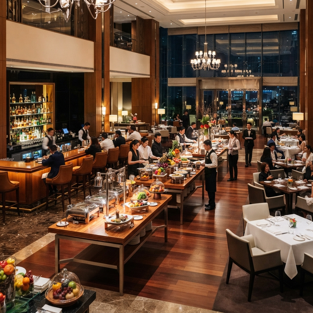Well-stocked hotel buffet counter with multiple chafing dishes and fresh fruit displays, serving guests in an evening setting.