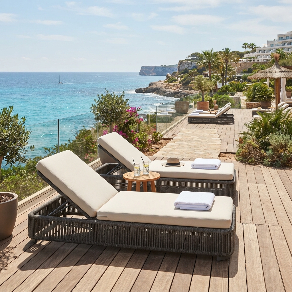 Modern dark grey rope weave outdoor sun loungers on a hotel wooden deck with sea view