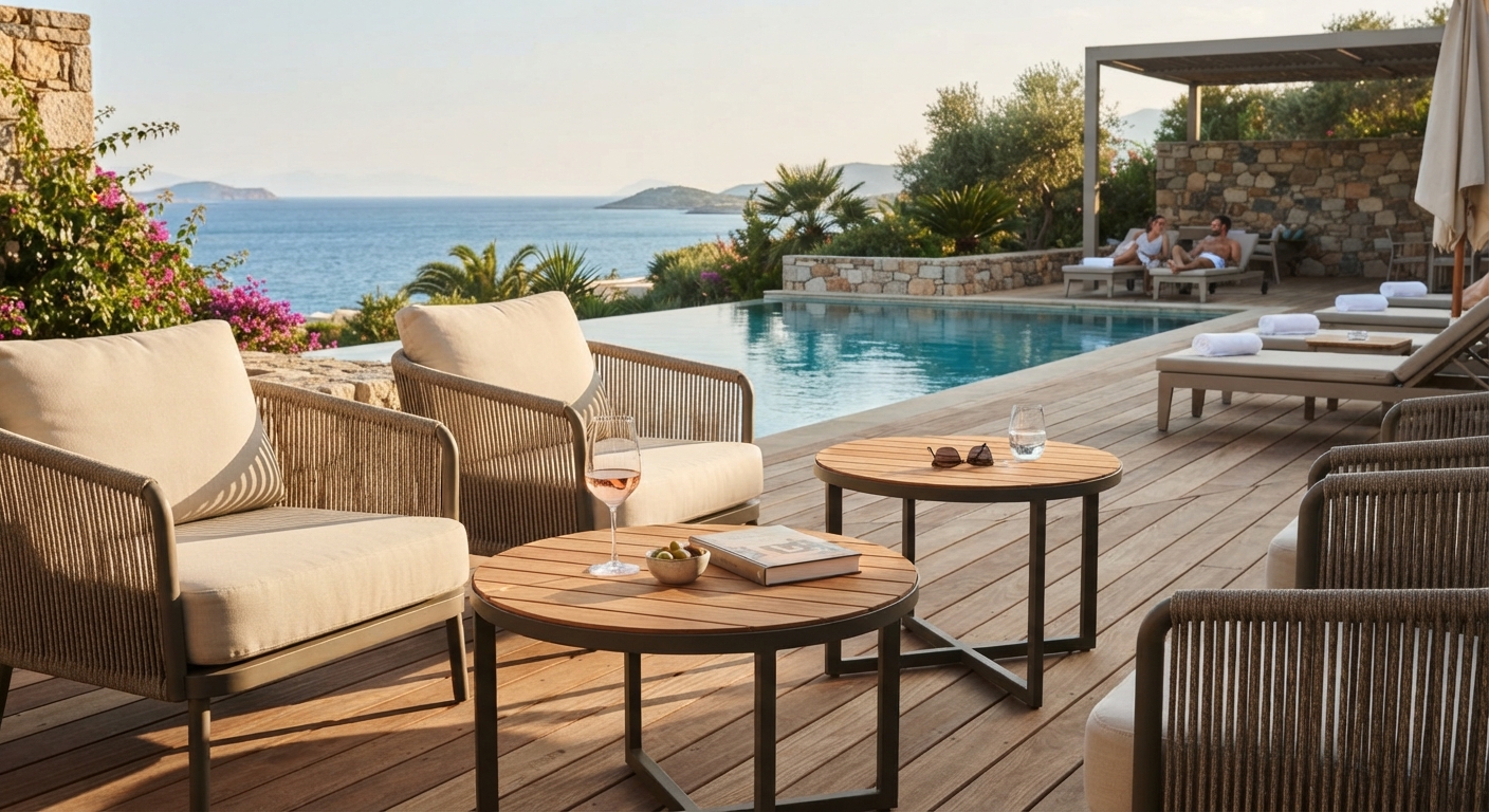 Round metal frame wood top commercial poolside side tables with rope lounge chairs at luxury hotel