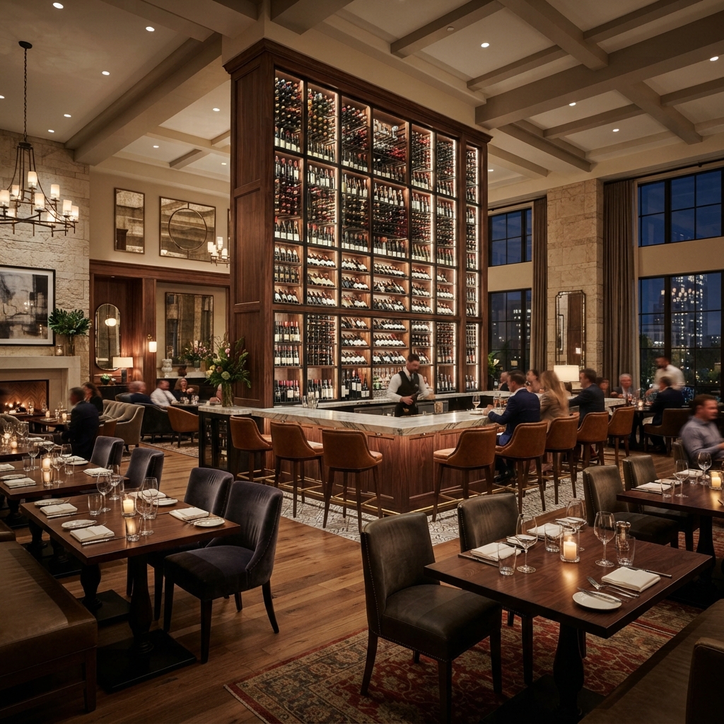 Upscale steakhouse interior with central bar, extensive wine cellar display, and diners at tables
