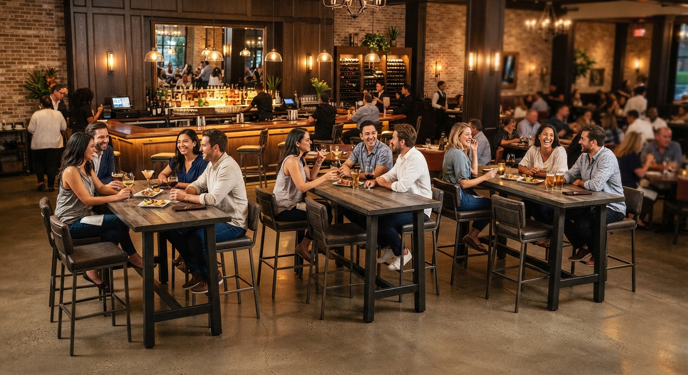 groups of patrons socializing around commercial wood and metal bar height tables in a hotel lounge bar