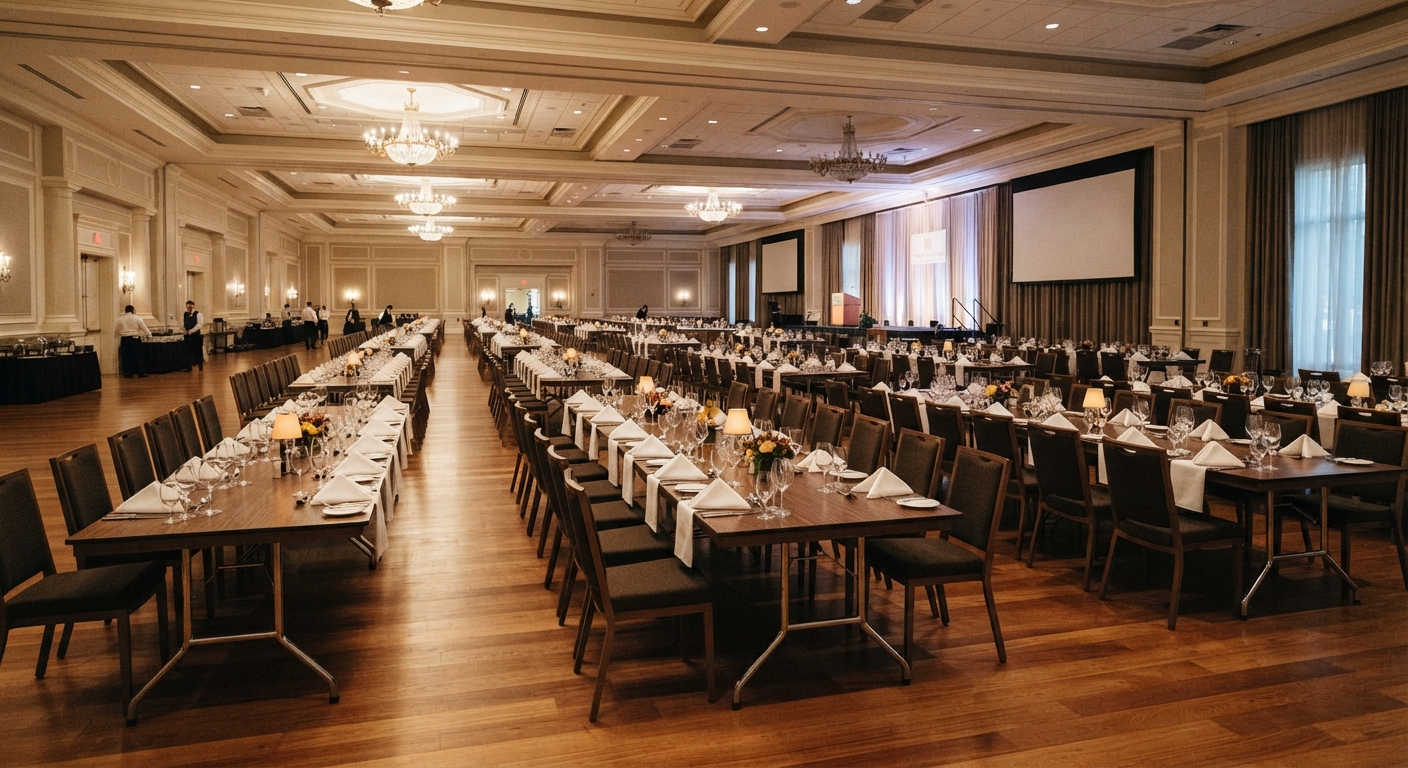 Conference folding tables arranged in long banquet hybrid layout for corporate summit and multi day hotel event