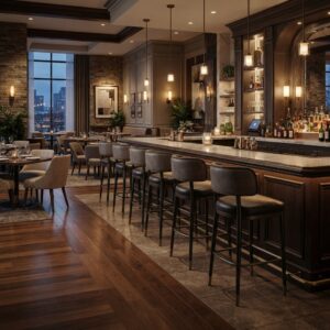 Contract hospitality furniture featuring upholstered high back commercial barstools in a warm upscale hotel lounge