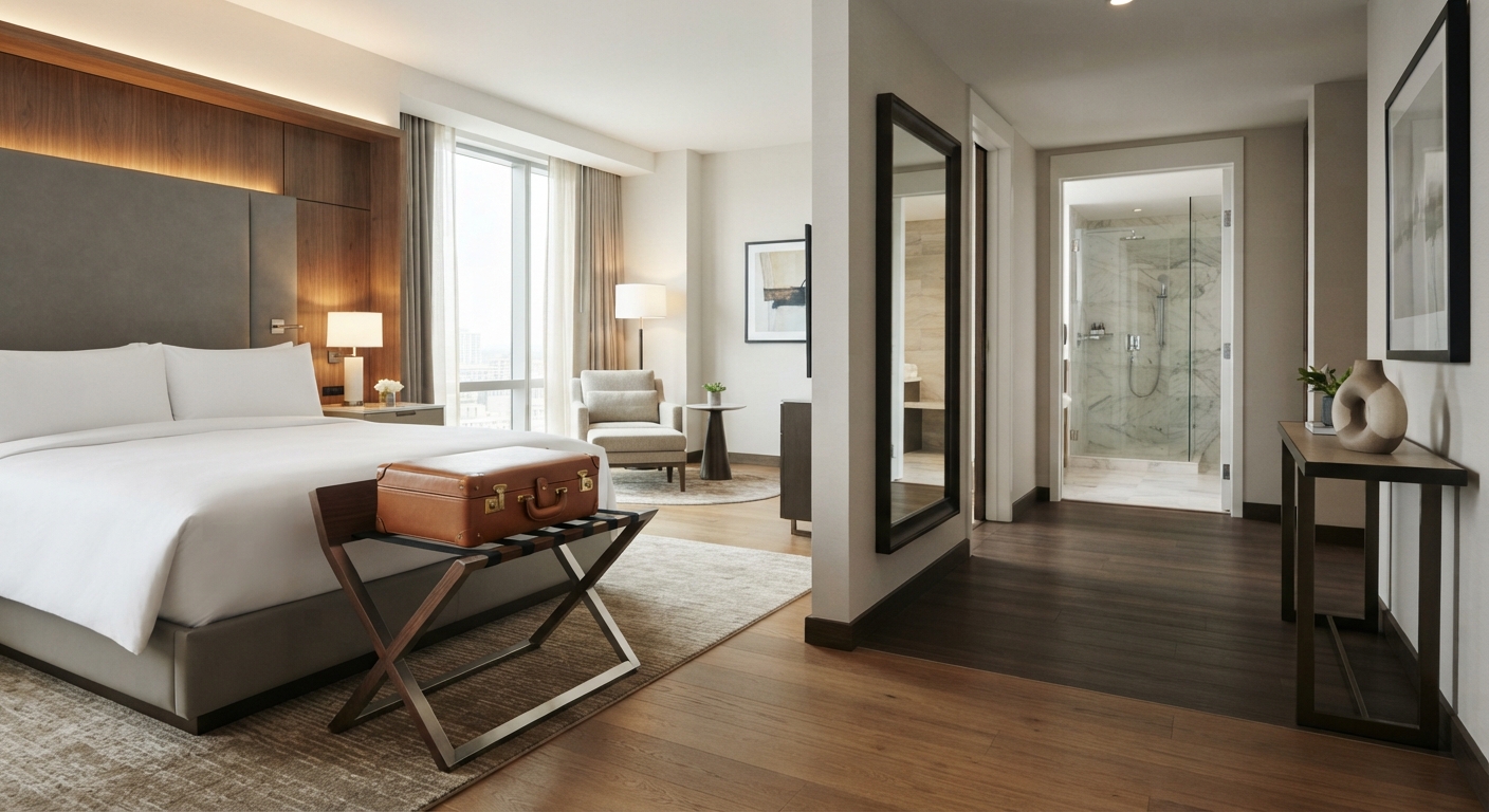 Custom luggage rack for hospitality projects showcased in a high-end hotel room interior