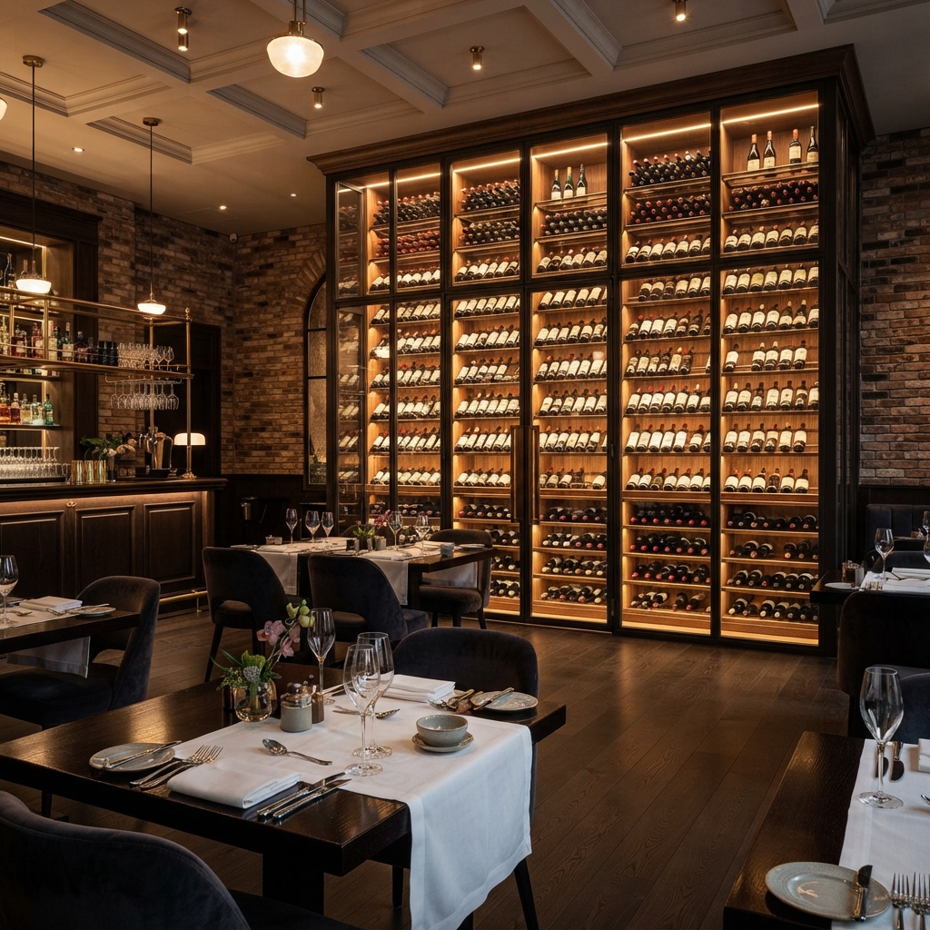 Cozy restaurant corner with brick wall, pendant lights, and a view of a large commercial wine cellar display
