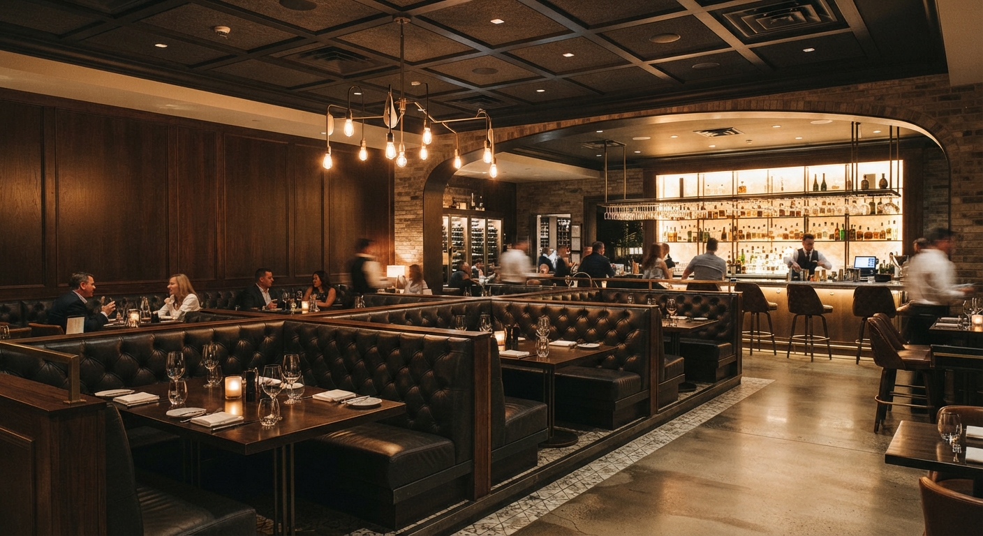 Stylish hotel restaurant and lounge interior with continuous runs of deep-buttoned black leather booth seating, complementing black wood dining chairs, and a prominent bar area with black metal barstools