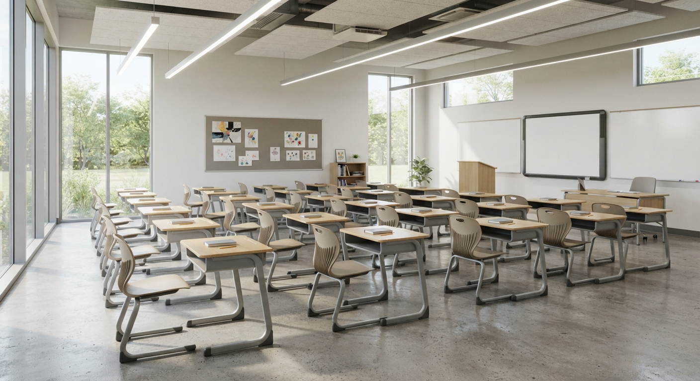Ergonomic classroom desks with wood laminate tops and heavy-duty stationary steel frames