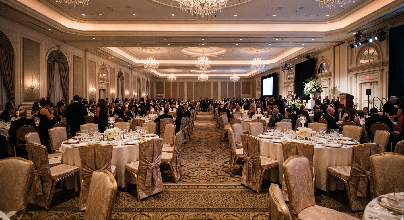 High density commercial banquet seating set up for fine dining service in grand hotel ballroom