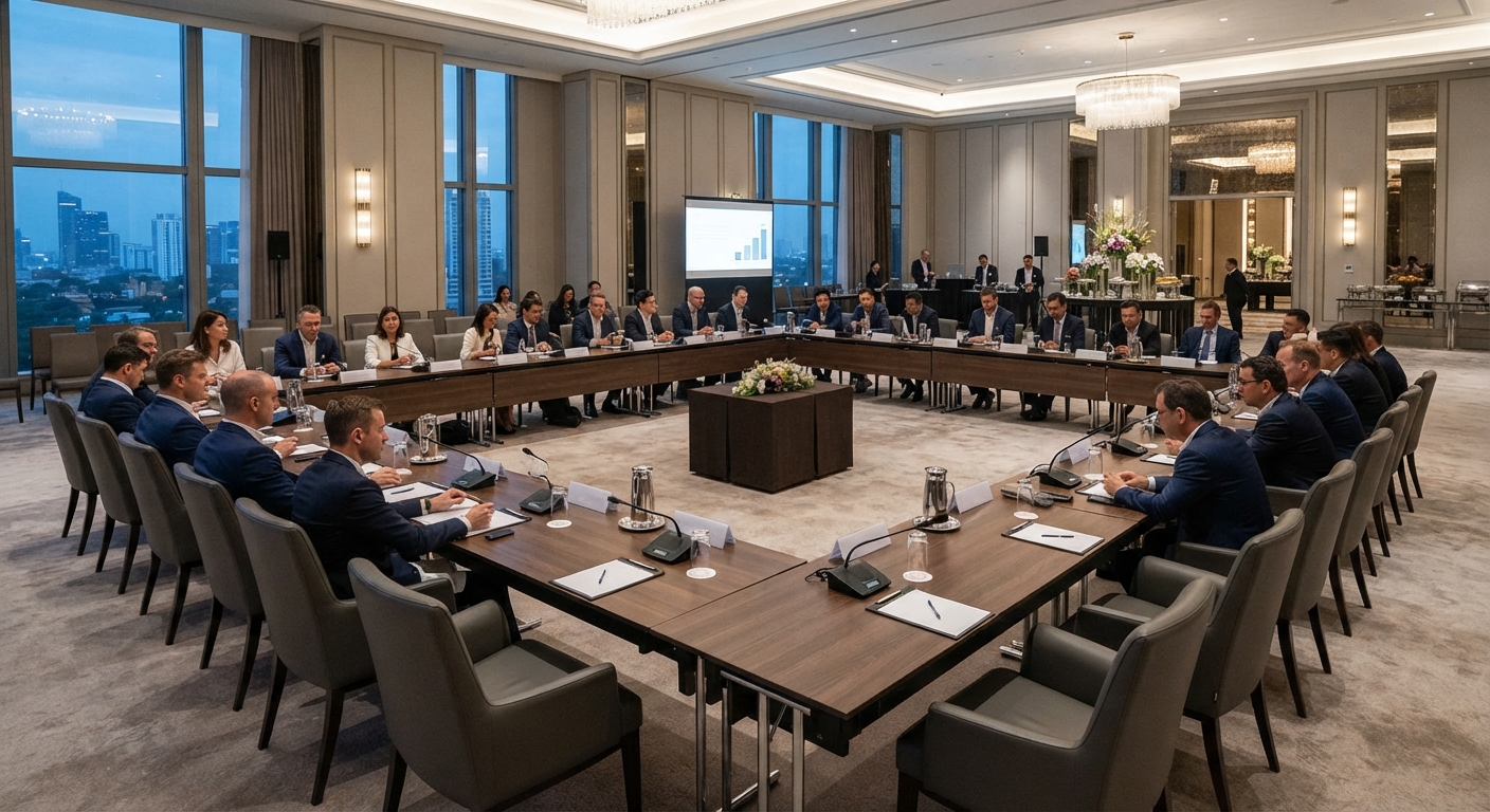 Large U-shaped conference room setup in a hotel ballroom, with professionals seated around dark wooden tables facing a presentation screen