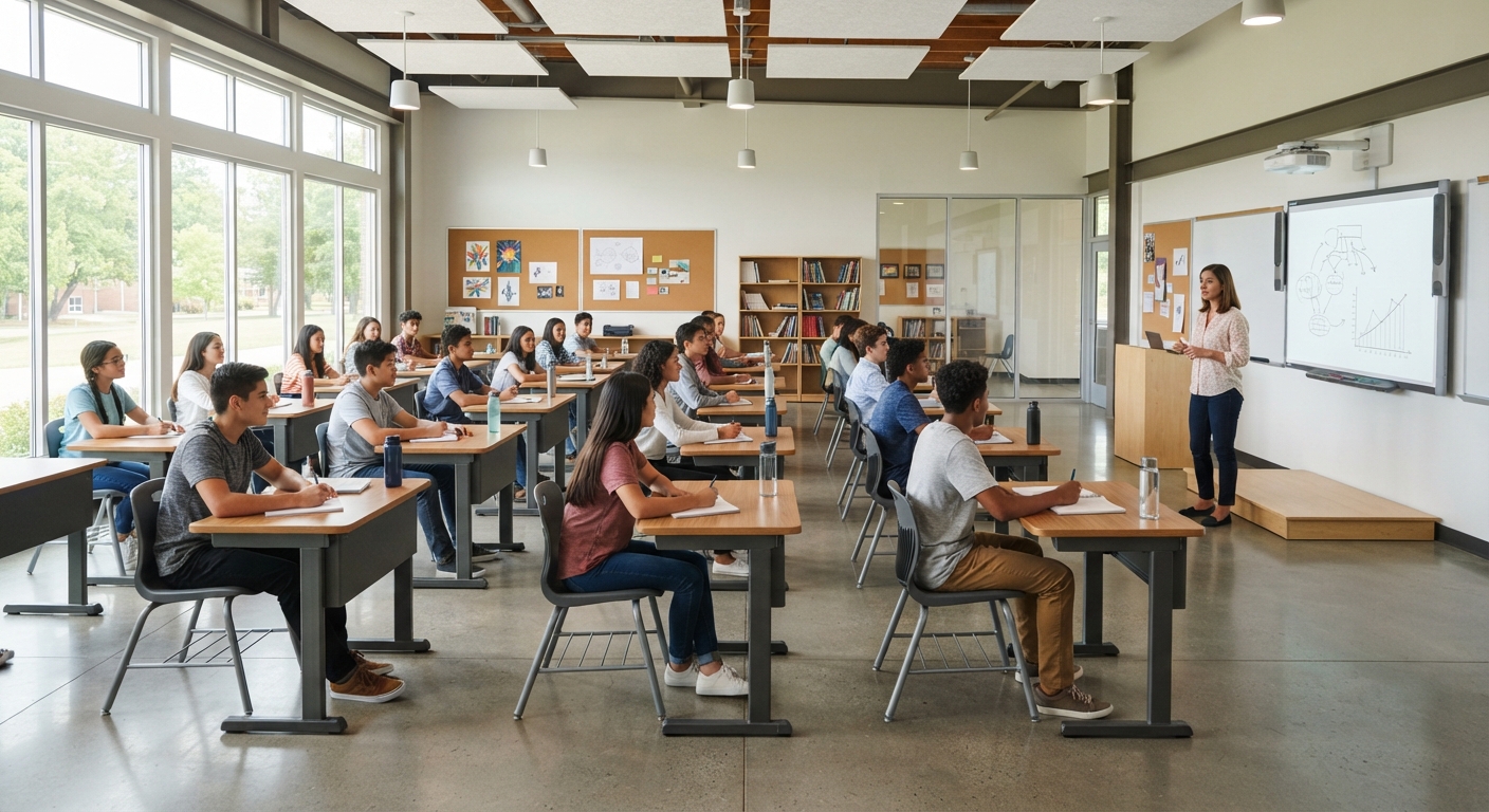 Fixed desk and chair set in a K-12 core academic classroom during teacher presentation